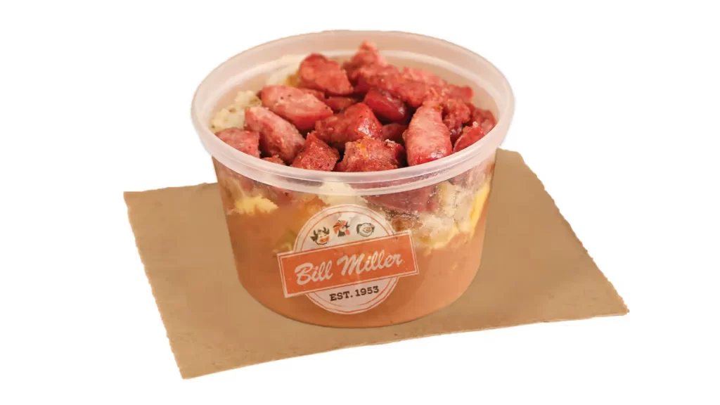 Breakfast Bowl with scrambled eggs hash browns and beans